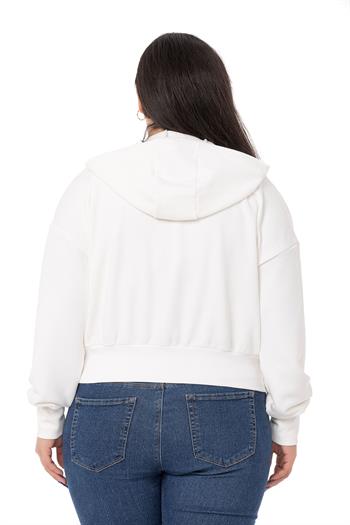 Büyük Beden Kanguru Cepli Kapüşonlu Üç İplik Beyaz Sweatshirt