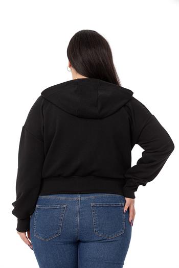 Büyük Beden Kanguru Cepli Kapüşonlu Üç İplik Siyah Sweatshirt