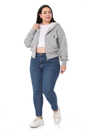 Büyük Beden Kanguru Cepli Kapüşonlu Üç İplik Gri Melanj Sweatshirt