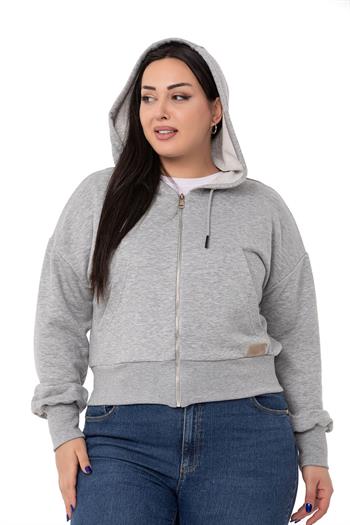 Büyük Beden Kanguru Cepli Kapüşonlu Üç İplik Gri Melanj Sweatshirt