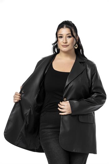 Büyük Beden Kapaklı Cepli Düğmeli Astarlı Siyah Suni Deri Ceket