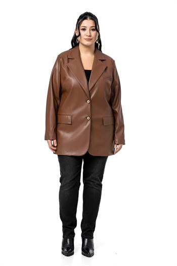 Büyük Beden Kapaklı Cepli Düğmeli Astarlı Kahverengi Suni Deri Ceket