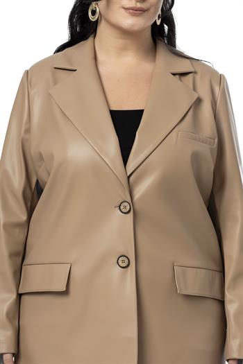 Büyük Beden Kapaklı Cepli Düğmeli Astarlı Bej Rengi Suni Deri Ceket