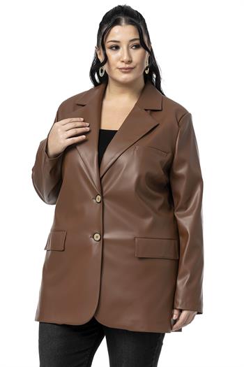 Büyük Beden Kapaklı Cepli Düğmeli Astarlı Kahverengi Suni Deri Ceket