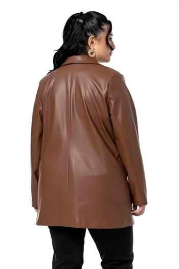 Büyük Beden Kapaklı Cepli Düğmeli Astarlı Kahverengi Suni Deri Ceket