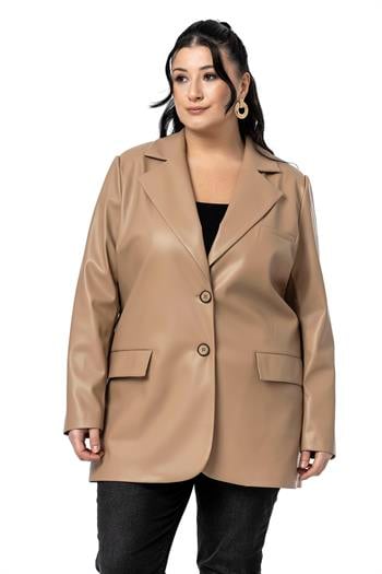 Büyük Beden Kapaklı Cepli Düğmeli Astarlı Bej Rengi Suni Deri Ceket