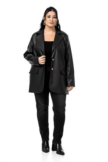 Büyük Beden Kapaklı Cepli Düğmeli Astarlı Siyah Suni Deri Ceket
