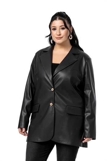 Büyük Beden Kapaklı Cepli Düğmeli Astarlı Siyah Suni Deri Ceket