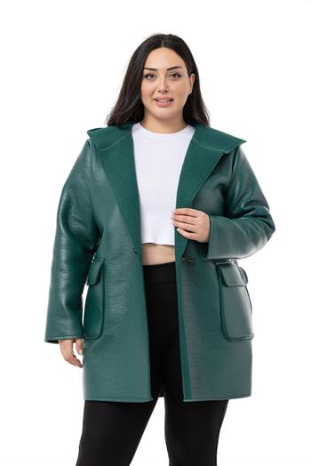 Büyük Beden Kapaklı Cepli Kapüşonlu Çoban Düğmeli İçi Kürklü Zümrüt Deri Kaban