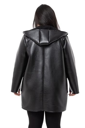 Büyük Beden Kapaklı Cepli Kapüşonlu Çoban Düğmeli İçi Kürklü Siyah Deri Kaban