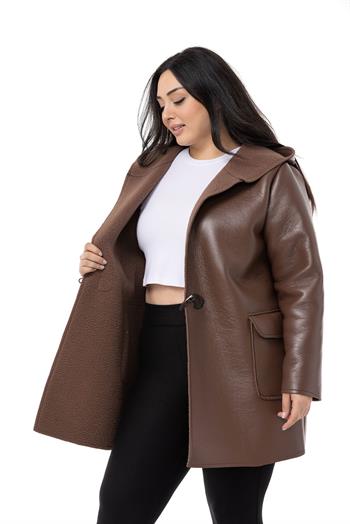 Büyük Beden Kapaklı Cepli Kapüşonlu Çoban Düğmeli İçi Kürklü Kahverengi Deri Kaban