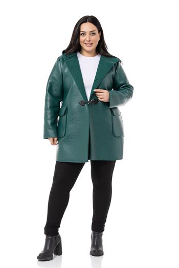 Büyük Beden Kapaklı Cepli Kapüşonlu Çoban Düğmeli İçi Kürklü Zümrüt Deri Kaban