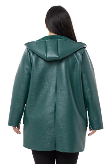 Büyük Beden Kapaklı Cepli Kapüşonlu Çoban Düğmeli İçi Kürklü Zümrüt Deri Kaban