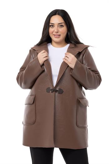 Büyük Beden Kapaklı Cepli Kapüşonlu Çoban Düğmeli İçi Kürklü Kahverengi Deri Kaban