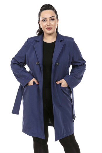 Plus Size Flap Pocket Belted Double Breasted Lined Navy Blue Jacket