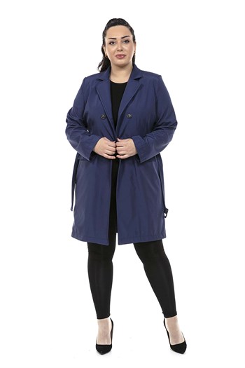 Plus Size Flap Pocket Belted Double Breasted Lined Navy Blue Jacket