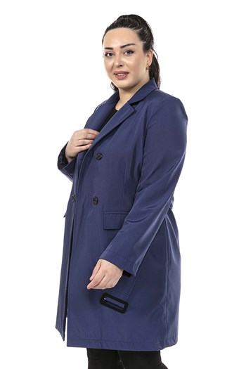 Plus Size Flap Pocket Belted Double Breasted Lined Navy Blue Jacket