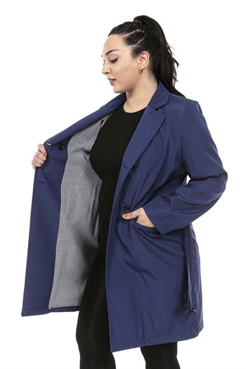 Plus Size Flap Pocket Belted Double Breasted Lined Navy Blue Jacket