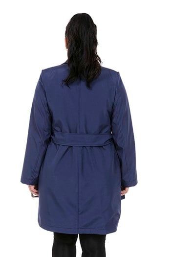Plus Size Flap Pocket Belted Double Breasted Lined Navy Blue Jacket