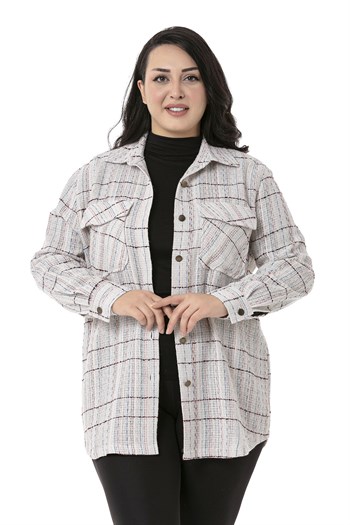 Büyük Beden Kapaklı Cepli Manşetli Ekru Pembe Gömlek