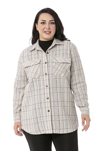 Büyük Beden Kapaklı Cepli Manşetli Ekru Haki Gömlek