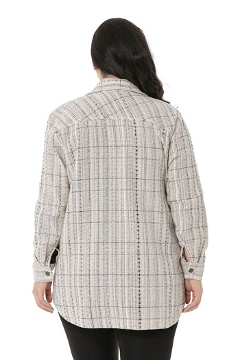 Büyük Beden Kapaklı Cepli Manşetli Ekru Haki Gömlek