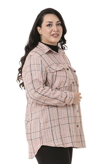 Büyük Beden Kapaklı Cepli Manşetli Ekru Kiremit Gömlek