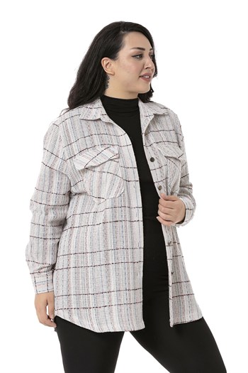 Büyük Beden Kapaklı Cepli Manşetli Ekru Pembe Gömlek