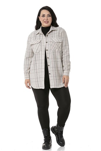 Büyük Beden Kapaklı Cepli Manşetli Ekru Haki Gömlek