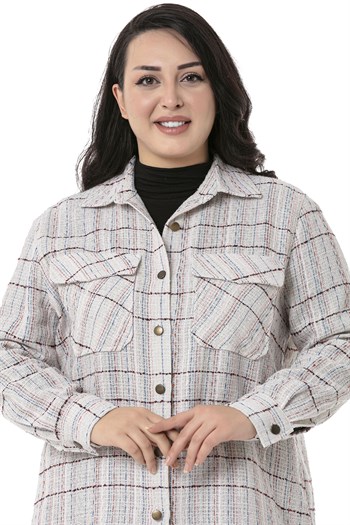 Büyük Beden Kapaklı Cepli Manşetli Ekru Pembe Gömlek