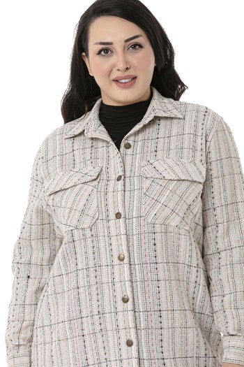 Büyük Beden Kapaklı Cepli Manşetli Ekru Haki Gömlek