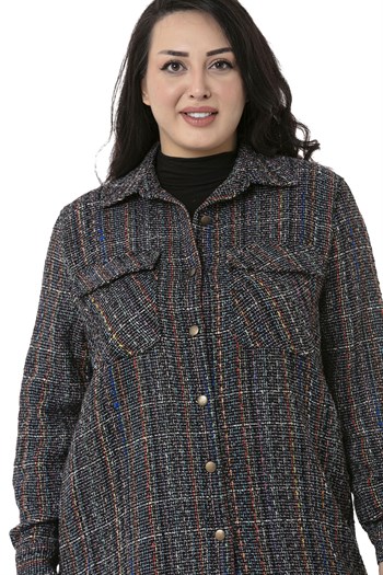 Büyük Beden Kapaklı Cepli Manşetli Siyah Gömlek