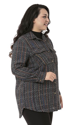 Büyük Beden Kapaklı Cepli Manşetli Siyah Gömlek