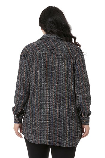 Büyük Beden Kapaklı Cepli Manşetli Siyah Gömlek