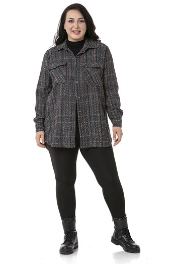 Büyük Beden Kapaklı Cepli Manşetli Siyah Gömlek