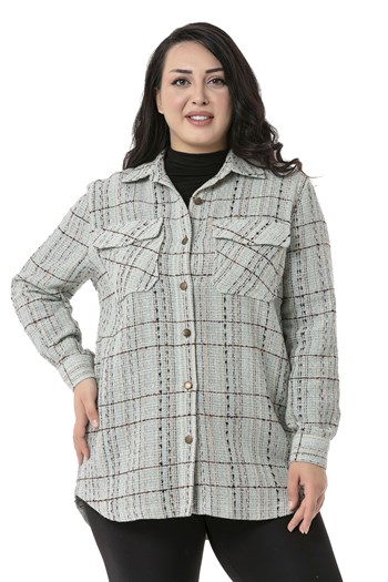 Büyük Beden Kapaklı Cepli Manşetli Su Yeşili Gömlek