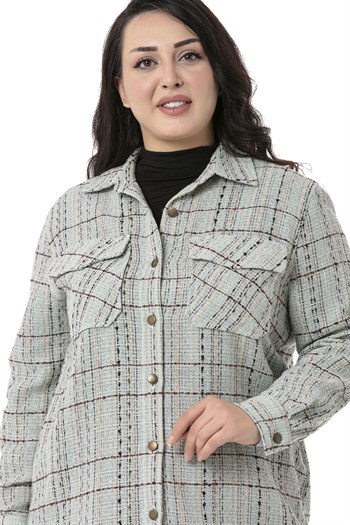 Büyük Beden Kapaklı Cepli Manşetli Su Yeşili Gömlek