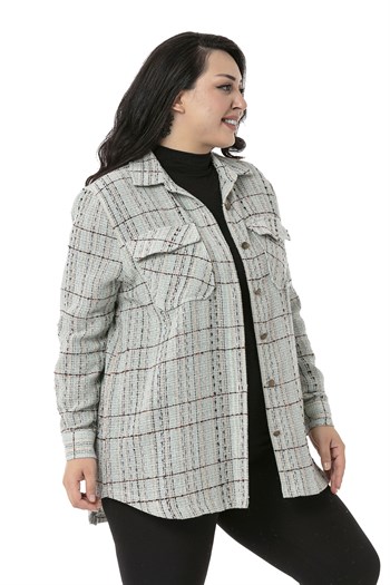 Büyük Beden Kapaklı Cepli Manşetli Su Yeşili Gömlek