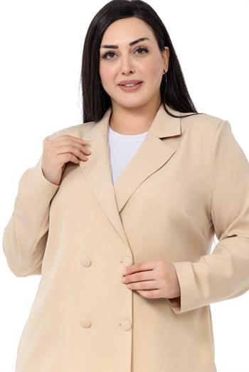 Büyük Beden Kaplama Düğmeli Kruvaze Bej Rengi Astarsız Ceket