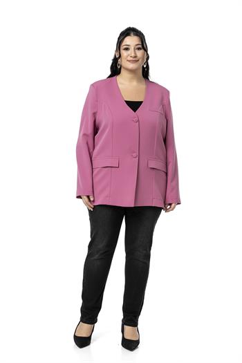 Büyük Beden Kaplama Düğmeli Süs Cep Kapaklı Vatkalı Gül Kurusu Ceket