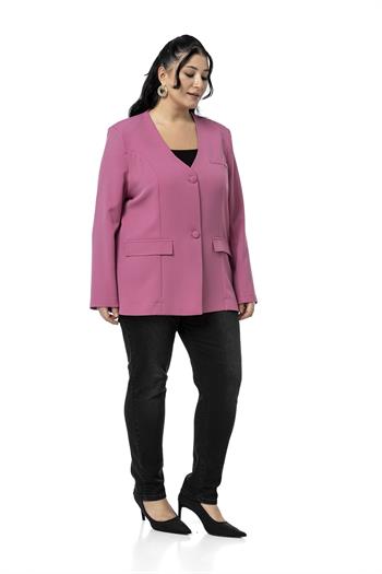 Büyük Beden Kaplama Düğmeli Süs Cep Kapaklı Vatkalı Gül Kurusu Ceket