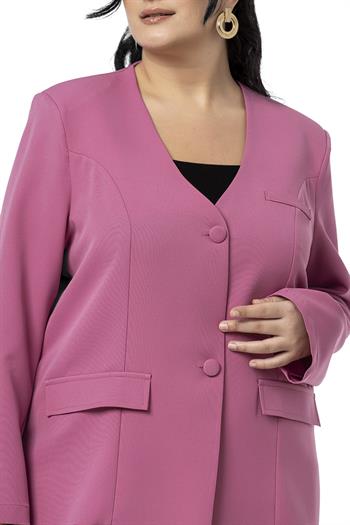 Büyük Beden Kaplama Düğmeli Süs Cep Kapaklı Vatkalı Gül Kurusu Ceket