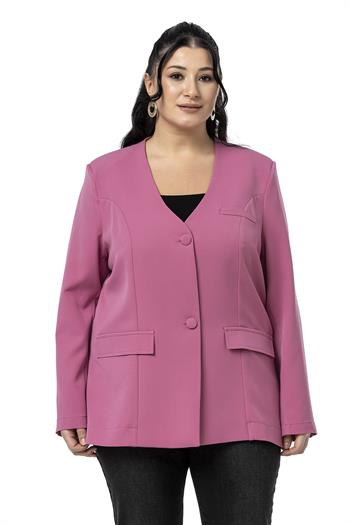 Büyük Beden Kaplama Düğmeli Süs Cep Kapaklı Vatkalı Gül Kurusu Ceket