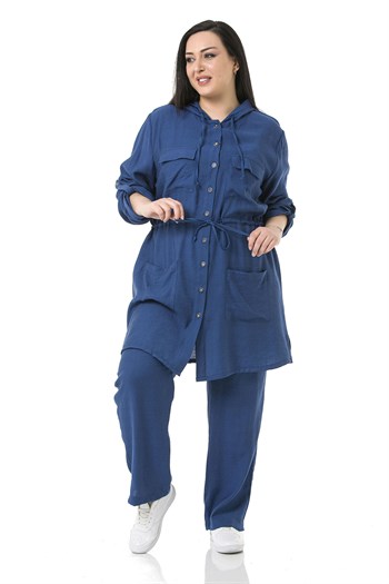 Büyük Beden Kapüşonlu Beli Tünelli Cepli Yanı Yırtmaçlı Aerobin İndigo Ceket