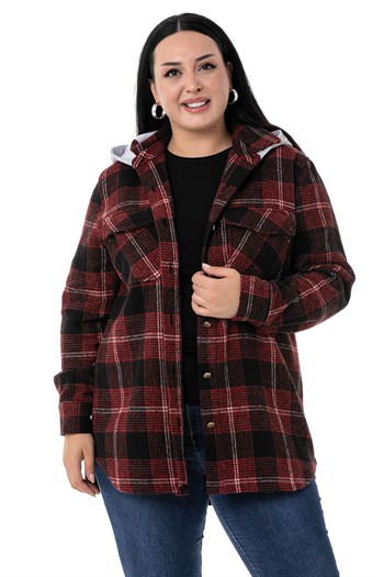 Büyük Beden Kapüşonlu Cepli Yanı Oval Kesim Bordo Oduncu Gömlek