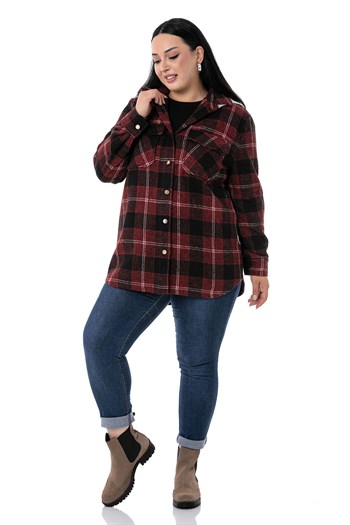 Büyük Beden Kapüşonlu Cepli Yanı Oval Kesim Bordo Oduncu Gömlek