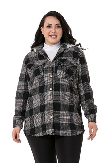 Büyük Beden Kapüşonlu Cepli Yanı Oval Kesim Siyah Oduncu Gömlek