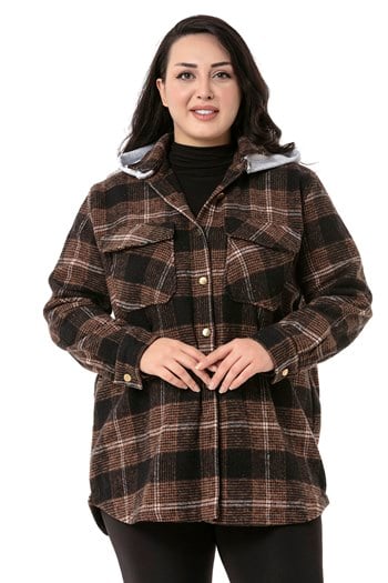 Büyük Beden Kapüşonlu Cepli Yanı Oval Kesim Kahverengi Oduncu Gömlek