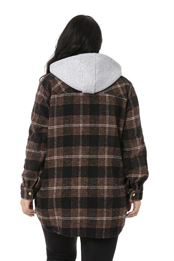 Büyük Beden Kapüşonlu Cepli Yanı Oval Kesim Kahverengi Oduncu Gömlek