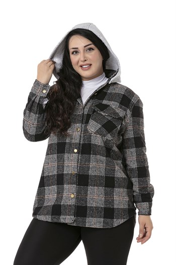 Büyük Beden Kapüşonlu Cepli Yanı Oval Kesim Siyah Oduncu Gömlek